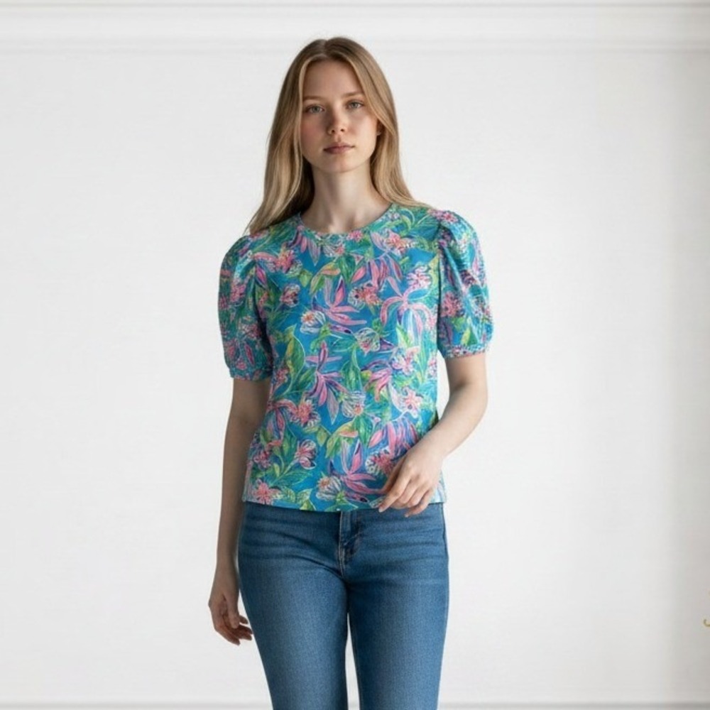 Lilly Pulitzer Rhett Puff Short Sleeve Tropical Floral Crew Neck Top XS Blue